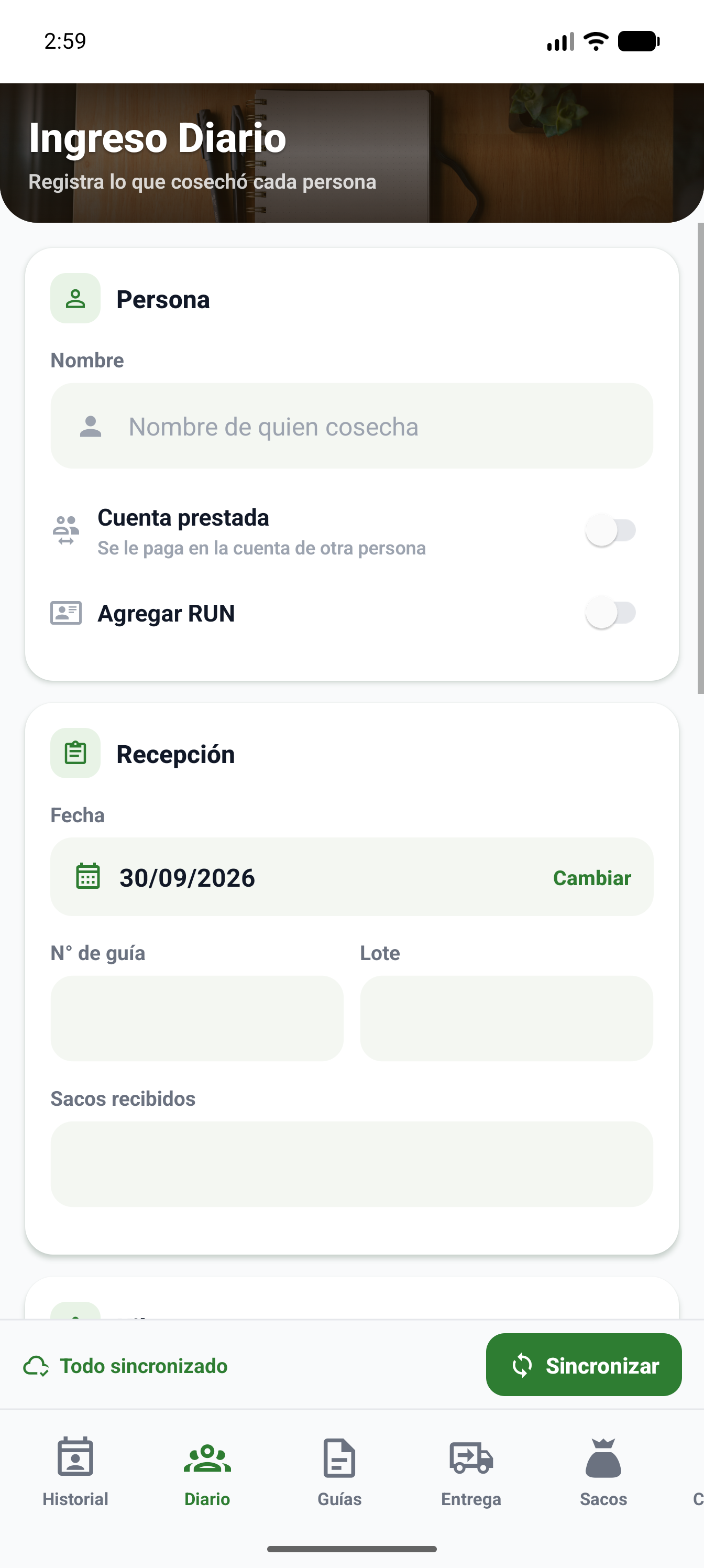 Pantalla de ingreso diario de la app interna de nueces