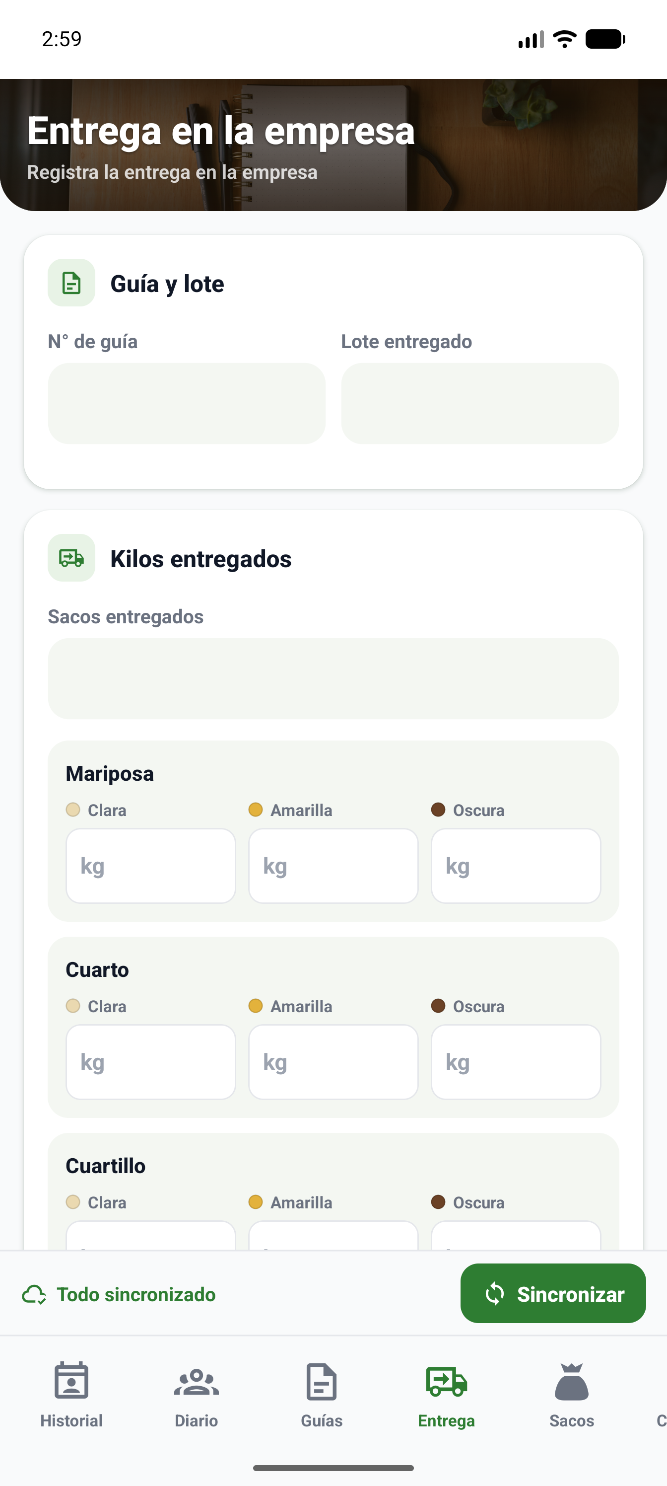 Pantalla de entrega y kilos por color de la app interna de nueces