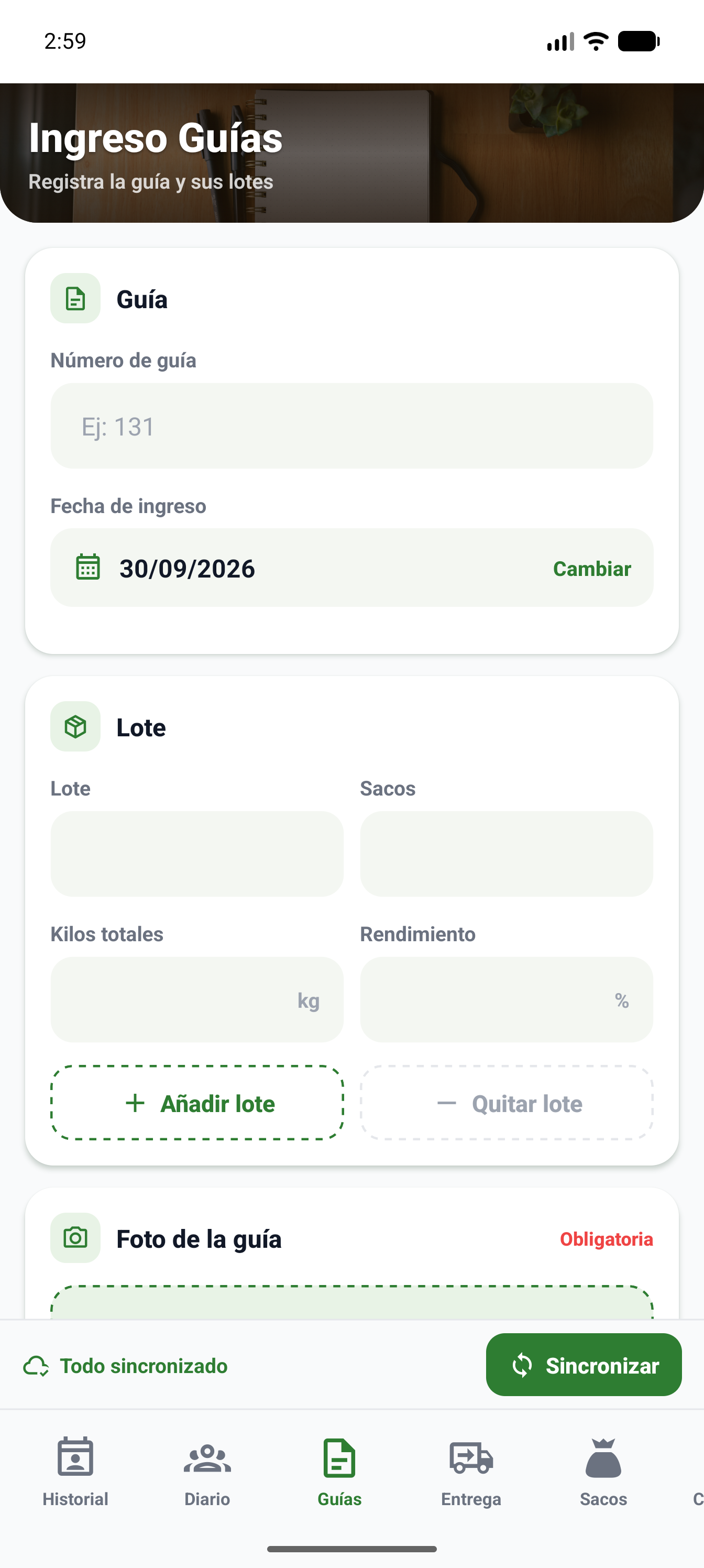 Pantalla de guias y lotes de la app interna de nueces