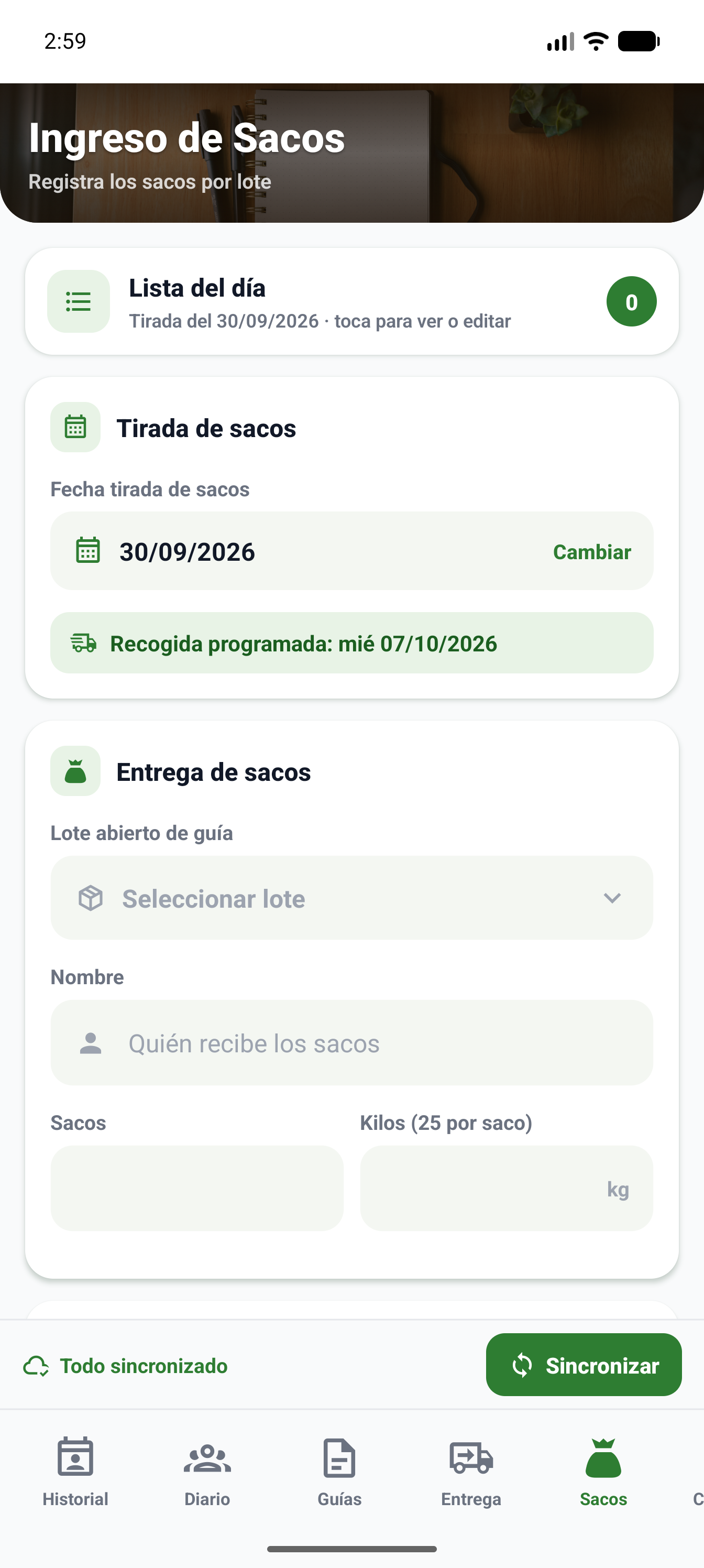 Pantalla de ingreso y entrega de sacos de la app interna de nueces
