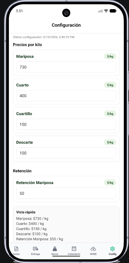 Configuración de valores por kilo en la app interna
