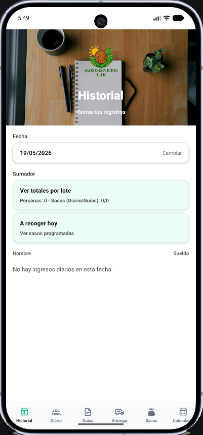 Pantalla de historial y sumador de la app interna